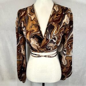 Rabbit Rose long sleeve wrap tie abstract earth tones satin crop top medium NWT